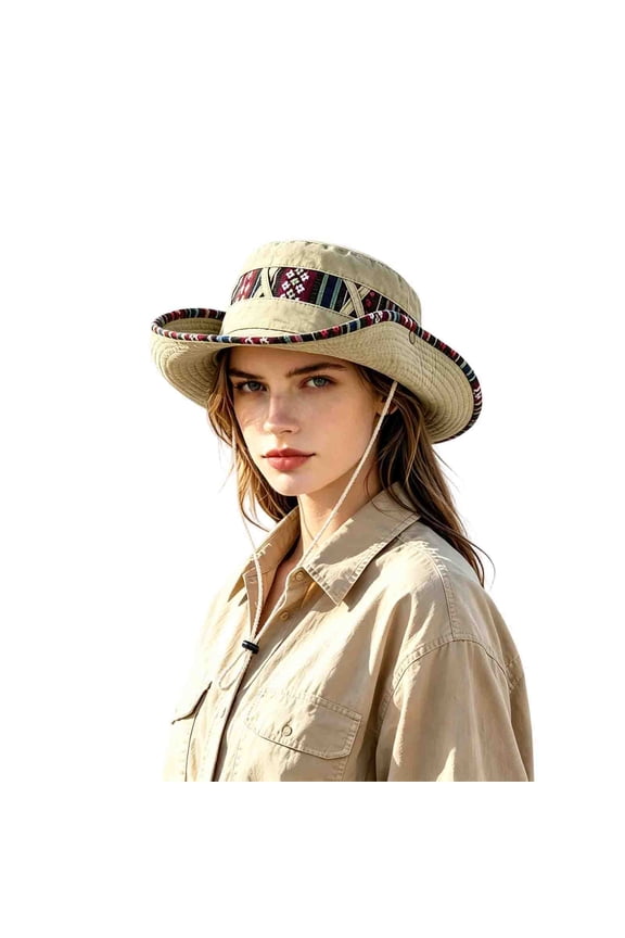 Wide Curved Brim Ethnic Pattern Bucket Hat with Wind Strap, Women Thin Breathable Protection Outdoor Hiking Camping Travel Vintage Sun Cap Khaki One Size