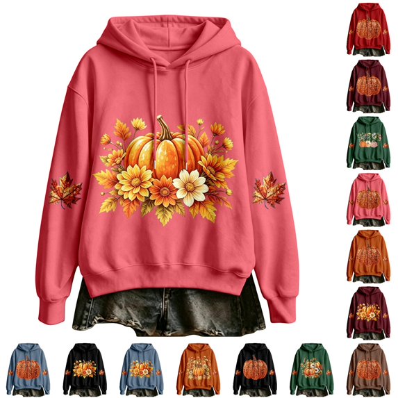 VBEWZET Women Autumn Casual Hoodie, Pumpkin‑Maple‑Leaf Graphic Pullover Hooded Sweatshirt For Holiday Occasions b-Pink S