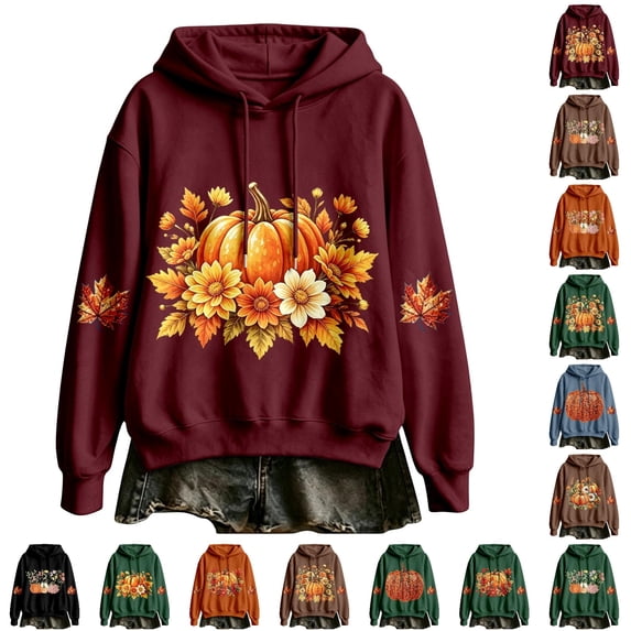 VBEWZET Women Autumn Casual Hoodie, Pumpkin‑Maple‑Leaf Graphic Pullover Hooded Sweatshirt For Holiday Occasions b-Wine L