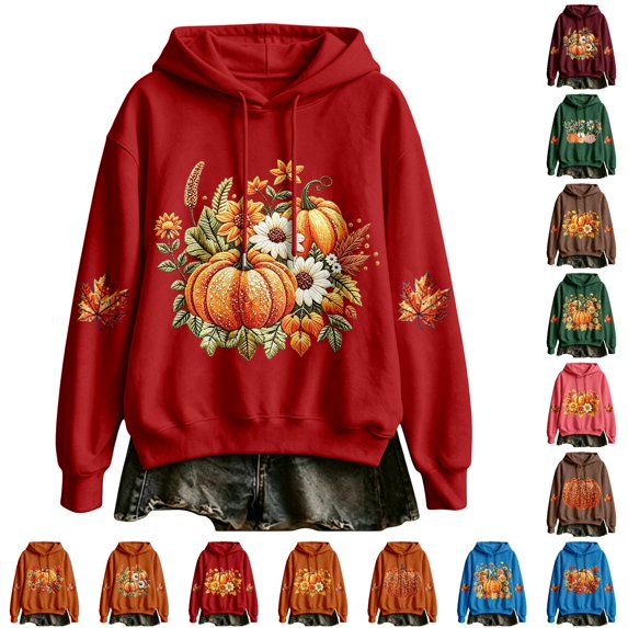 VBEWZET Women Autumn Casual Hoodie, Pumpkin‑Maple‑Leaf Graphic Pullover Hooded Sweatshirt For Holiday Occasions f-Red L