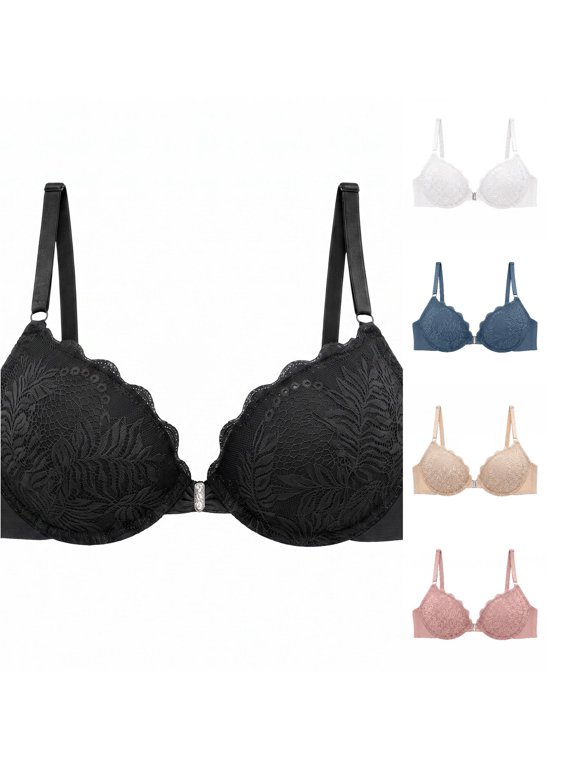 Women Front‑Clasp Thin Cup French Lace Underwire Bra Scalloped Edge Adjustable‑Strap Shaping Brassiere Black 70B