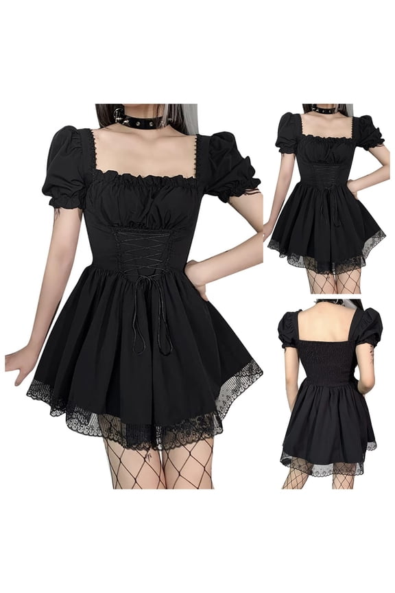 Women Gothic Corset Mini Dress, Square Neck Puff Sleeve Lace Flowy Skater Dress Black L