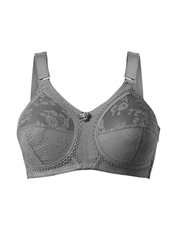 Women Plus‑Size Floral Sheer Lace Underwire Bra Wide Adjustable Strap Pearl Bow Decor Full‑Cup Side‑Support Brassiere Grey 85B
