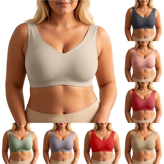 VBEWZET Women Plus‑Size Wire‑Free Bra V‑Neck Wide Strap Anti‑Sag Large Bust Shaping Comfort Brassiere Khaki XXXXXL