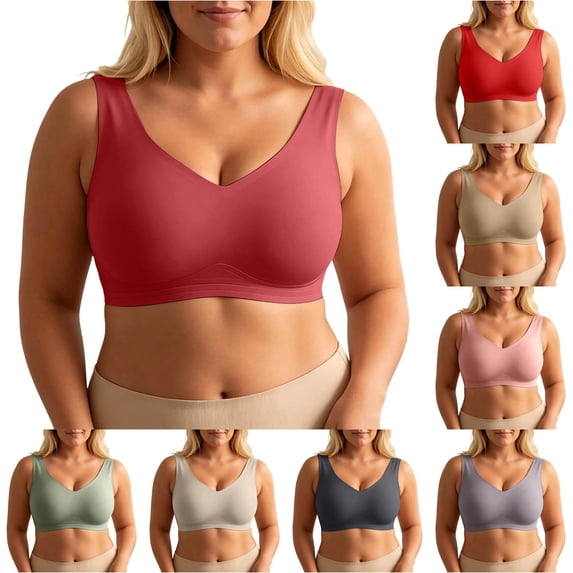 VBEWZET Women Plus‑Size Wire‑Free Bra V‑Neck Wide Strap Anti‑Sag Large Bust Shaping Comfort Brassiere Red XXL