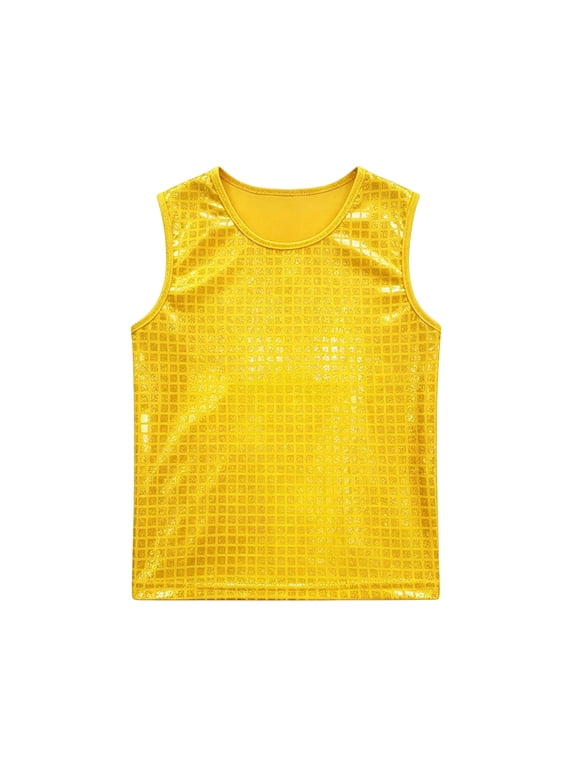 Women Square Grid Sequin Tank Top, Glitter Sleeveless Round Neck Vest Hop Jazz Stage Performance Sparkly Party Top Yellow 130/140