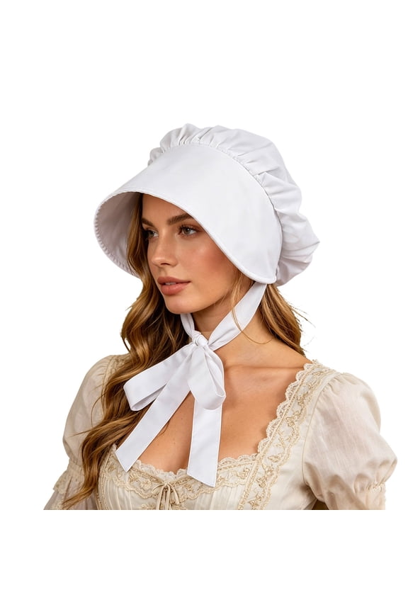 Women Vintage White Prairie Bonnet Hat with Neck Tie Bow, European Cap, Cosplay Halloween Stage Performance Farm Girl Headwear White One Size