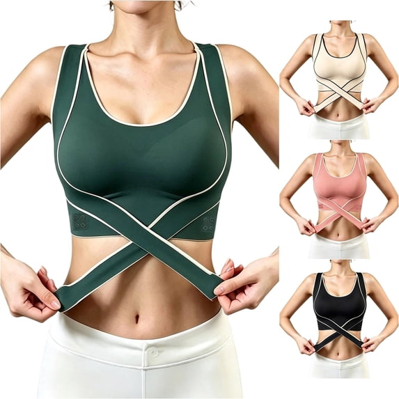 VBEWZET Women Wire‑Free Adjustable Strap Sports Bra Front‑Fasten Posture Correction Push‑Up Side Support Anti‑Sag Brassiere Dark Green L