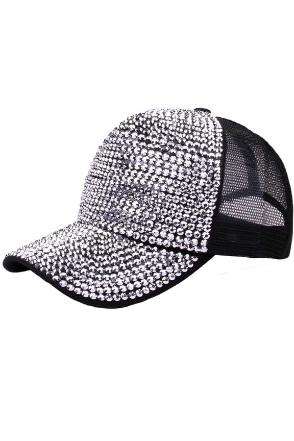 Women's Rhinestone Mesh Baseball Cap, Sparkly Trucker Hat, Breathable Summer Sun Hat Black