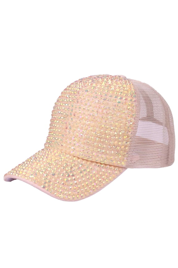 Women's Rhinestone Mesh Baseball Cap, Sparkly Trucker Hat, Breathable Summer Sun Hat Light Yellow