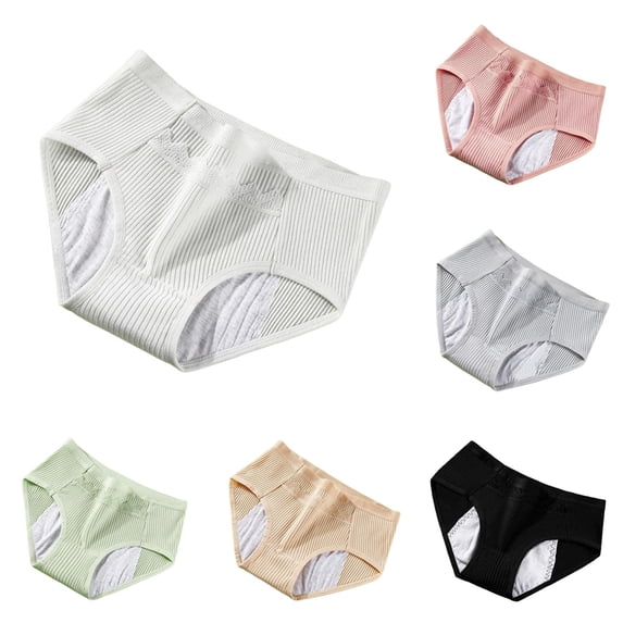 VBEWZET Womens Breathable Briefs, Leak‑Resistant High‑Waist Striped Cotton Menstrual Underwear White XL