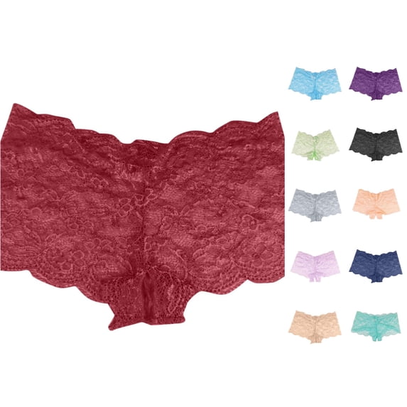 VBEWZET Womens Breathable Lace Briefs, Multi‑Color Scalloped‑Edge Plus‑Size Hollow‑Out Boyshort Underwear Wine L