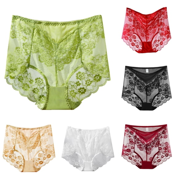 VBEWZET Womens Seamless Sheer Lace Briefs, High‑Rise Tummy‑Control Scalloped‑Edge Plus‑Size Panties Green L