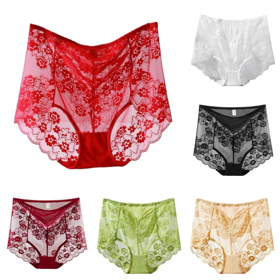 VBEWZET Womens Seamless Sheer Lace Briefs, High‑Rise Tummy‑Control Scalloped‑Edge Plus‑Size Panties Red M