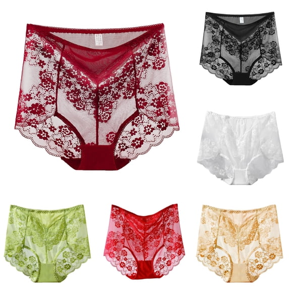 VBEWZET Womens Seamless Sheer Lace Briefs, High‑Rise Tummy‑Control Scalloped‑Edge Plus‑Size Panties Wine M