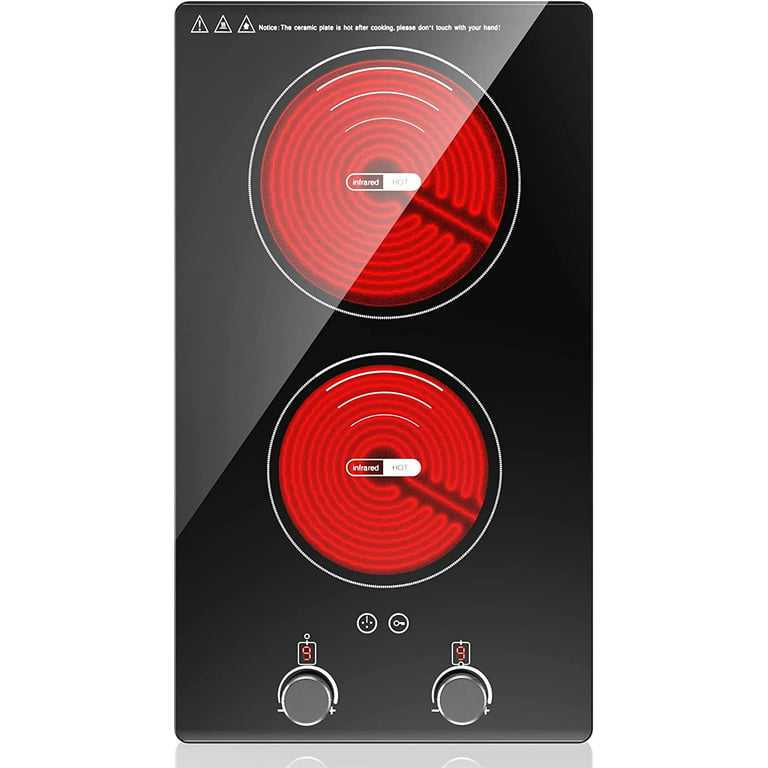2 Burners Electric Cooktop 110v, Countertop Burner with Knob Electric Stove  Top 2200W,9 Heating Levels & Timer, Suitable for All Cookware, with Plug