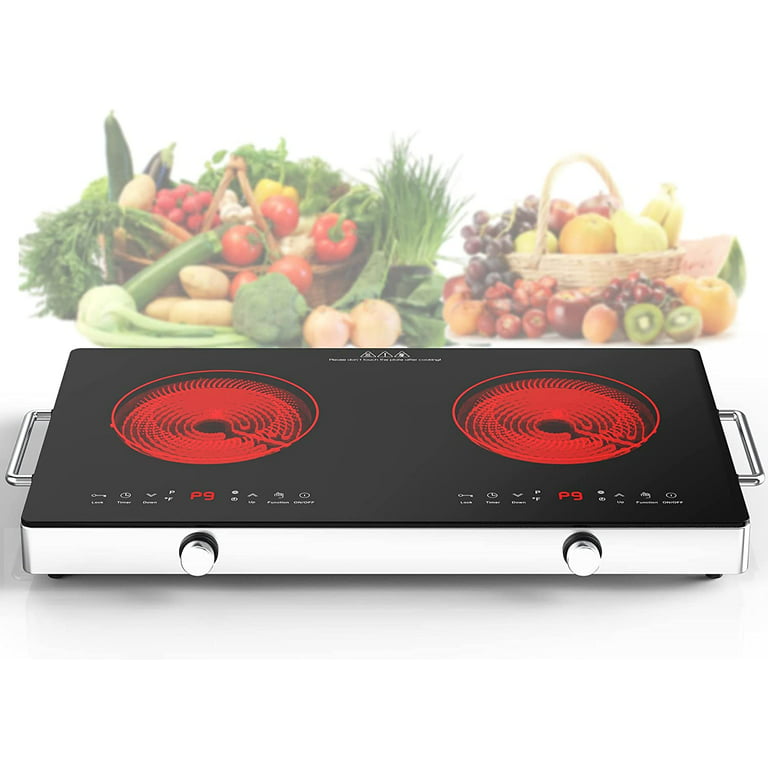 VBGK Electric Cooktop 2 Burners 2400W Portable Electric Burner Countertop  Hot Plate for Cooking 120V,3H Timer & Auto Shutdown Electric Stove,Child