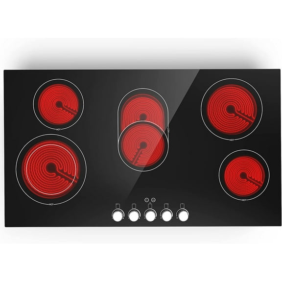 VBGK Electric Cooktop 36 inch 5 Burner Infrared Cooktop, Electric Stovetop 8600W Built-in Hot Plate for Cooking,99 Minutes Timer Electric Ceramic Cooktop 220v without Plug Compatible with All Cookware