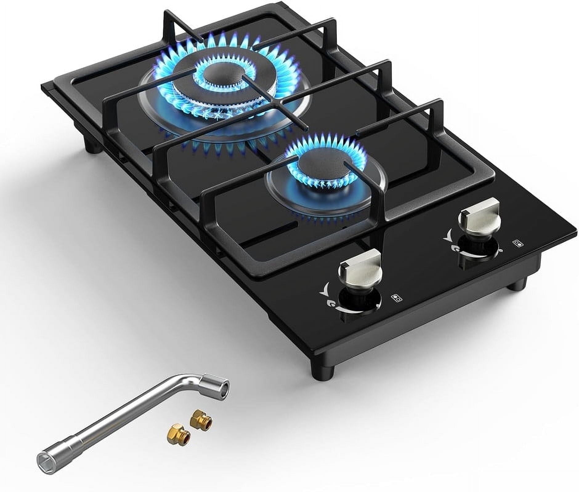VBGK Double Burner Gas Cooktop, 12 inch Stainless Steel Propane Stove with Thermocouple Protection, Dual Fuel Built-in Design for Home Kitchen Use
