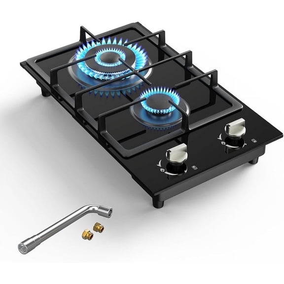 VBGK Double Burner Gas Cooktop, 12 inch Stainless Steel Propane Stove with Thermocouple Protection, Dual Fuel Built-in Design for Home Kitchen Use