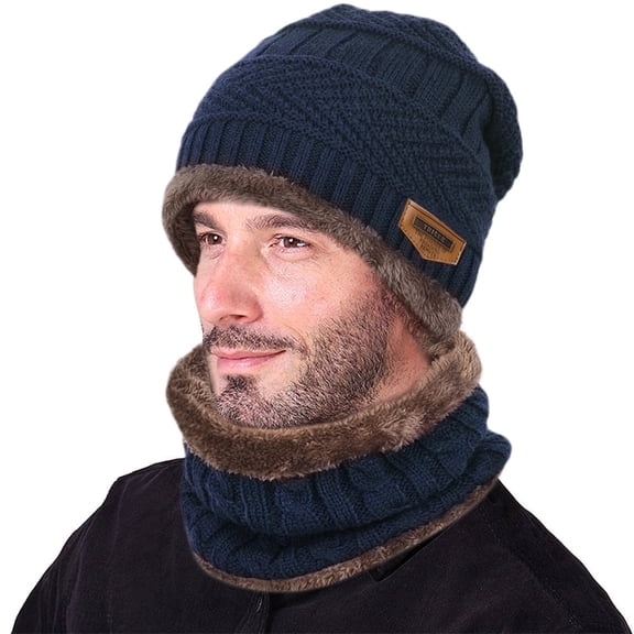 Vbiger Winter Beanie Hat Scarf Set Warm One Size Hat Thick Knit Skull Cap For Men Women, Navy Blue