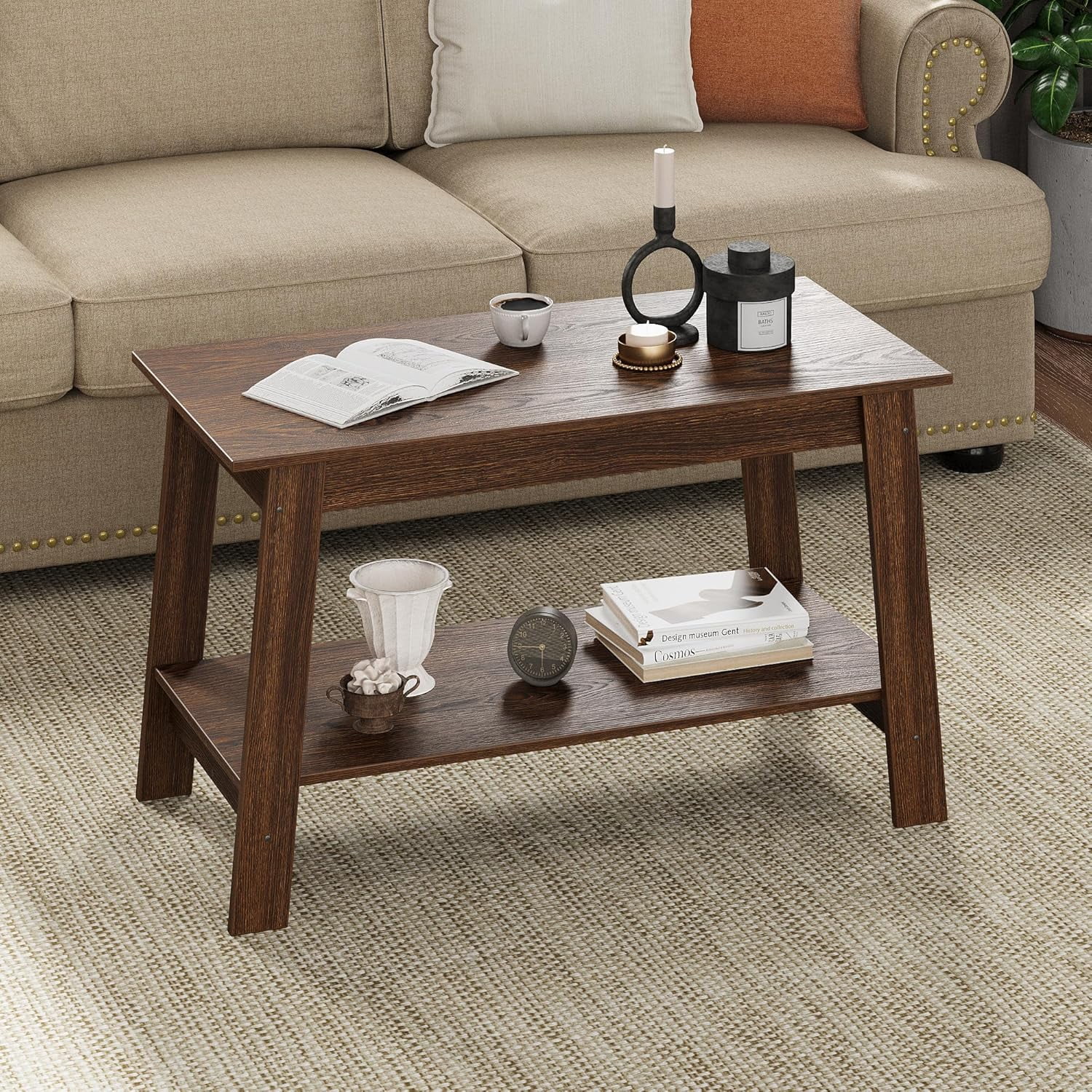 bvuoibou 2-Tie Coffee Table Rustic Wood Living Room Tables with Open Rectangular Storage ...