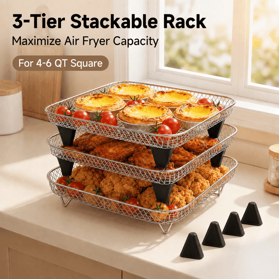 VBNDMAW 3 Pack Square Air Fryer Racks, 7 Inch Stackable 3-Tier Dehydrator Rack with Silicone Feet, 304 Stainless Steel, for 4-6 QT Air Fryers