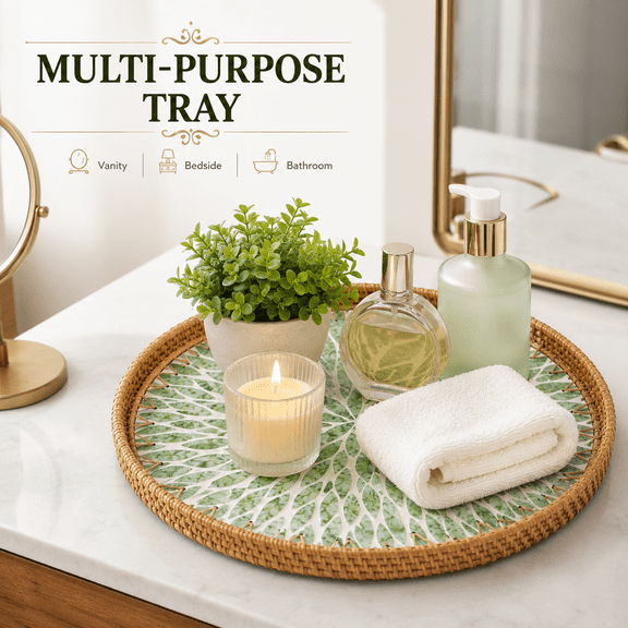 VBNDMAW Round Rattan Serving Tray, 11.8 Inch Handwoven Decorative Wicker Tray with Wooden Base & Mother of Pearl Inlay, Leaf Pattern