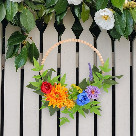 VBODN Artificial Flowers,Artificial Flowers for Outdoors,Wooden Bead Simulation Flower Iron Ring Door Hanging Spring and Summer Plant Wreath Wreath Decoration Outdoor Shooting Props