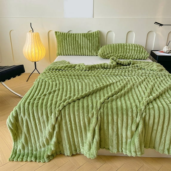 VBODN Queen Bedding Sets,Flannel Fleece Throw Blanket Lightweight Warm and Soft Striped Couch and Bed Blanket Cozy Microfiber Ribbed Sofa Decor for All Season