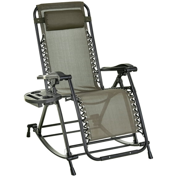VBOLF Outdoor Rocking Chairs, Foldable Reclining Zero Gravity Lounge Rocker with Pillow, Cup & Phone Holder, Combo Design with Folding Legs, Grey