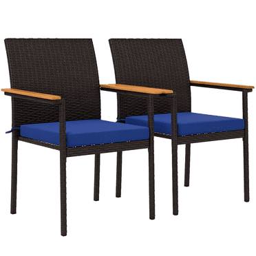 VBOLF Stackable Patio Wicker Dining Chairs Set of 2 with Cushions, PE Rattan Outdoor Dining Chairs with Backrest, Wooden Armrests for Deck, Garden, Blue