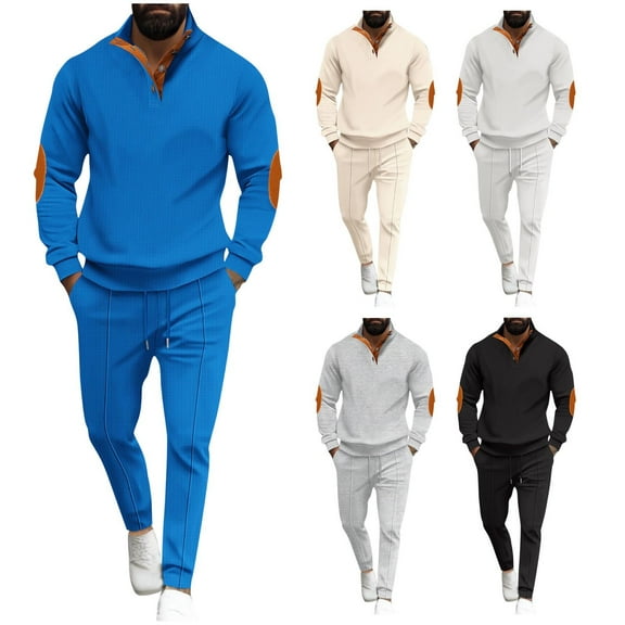 VBTAPA 2 Piece Outfits for Men Waffle Knit Tracksuit Quarter Zip Pullover and Jogging Pants Casual Sweatsuit Sets with Pockets Prime Sales of The Day Khaki M