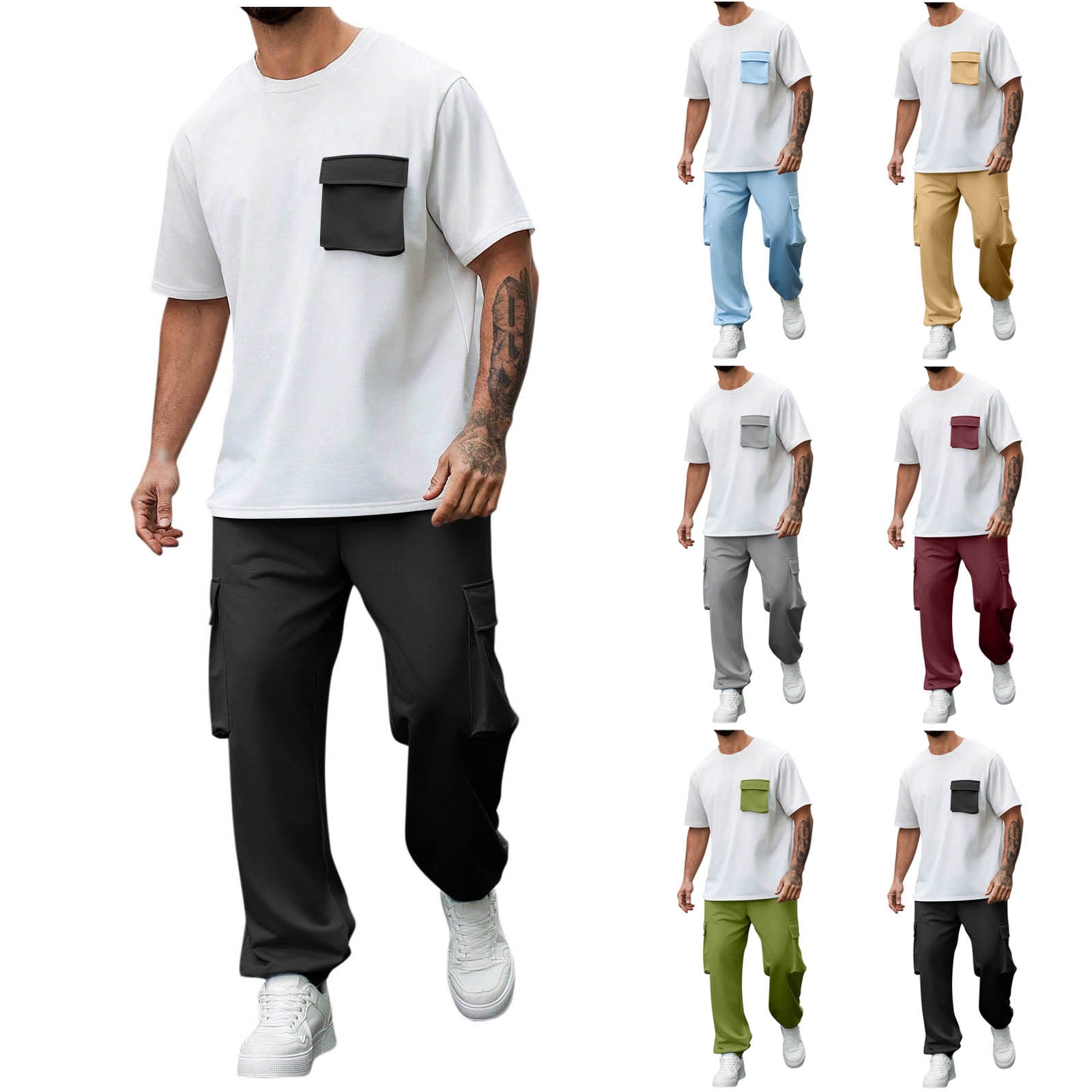 VBTAPA 2 Piece Outfits for Men Color Block Casual Track Suit Short ...