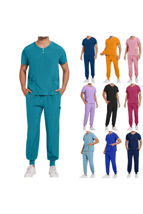 2 Piece Scrub Sets for Men Short Sleeve Scrubs Top and Pants Set Quick Dry Medical Working Uniform with Pockets Birthday Gifts Black M