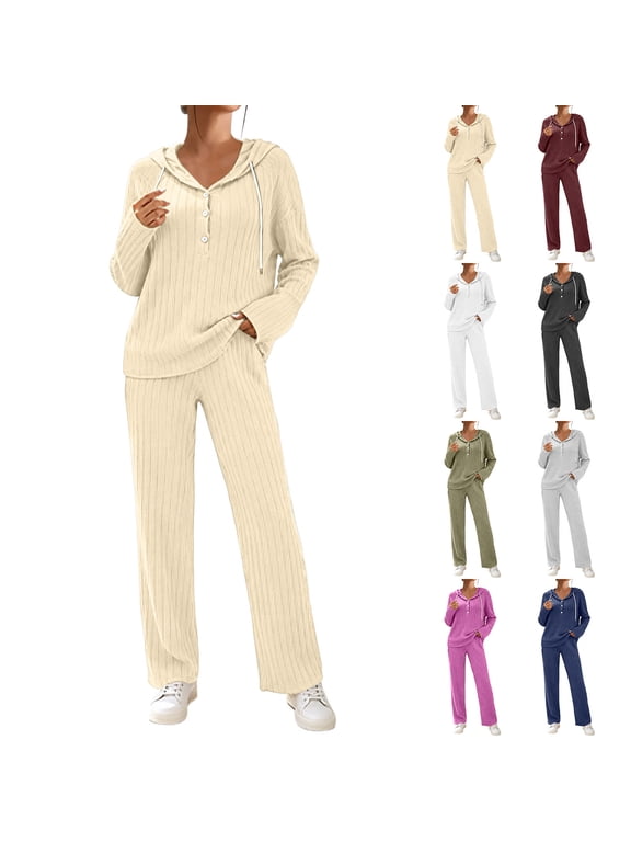 2 Piece Sets for Women Ribbed Knit Lounge Outfit Lightweight Knitted Hoodie Tracksuit Button Collar Hooded Tops and Wide Leg Pants Matching Set Khaki S