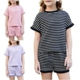 thumbnail image 1 of VBTAPA 2 Piece Sets for Kids Summer Outfits Toddler Boys Girls Stripe T Shirts and Shorts Matching Lounge Set Purple 5-6Years, 1 of 8