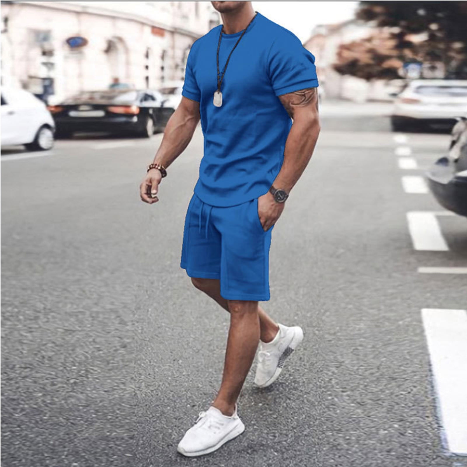 VBTAPA 2 Piece Summer Outfits for Men Short Sleeve Crewneck Tee Top and Drawstring Shorts Matching Set Basic Solid Casual Sport Suit Lightning Deals of Today Blue M Walmart
