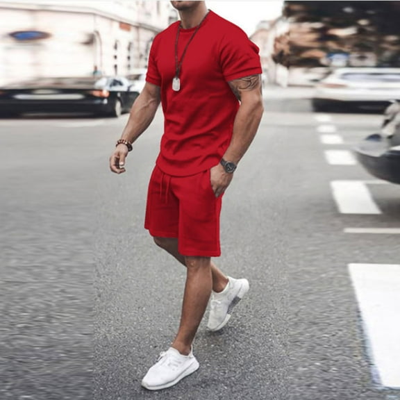 VBTAPA 2 Piece Summer Outfits for Men Short Sleeve Crewneck Tee Top and Drawstring Shorts Matching Set Basic Solid Casual Sport Suit Red XXXL