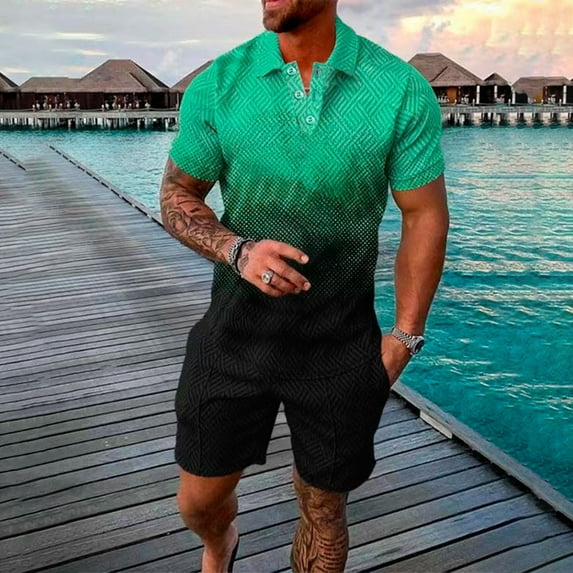 VBTAPA 2 Piece Summer Outfits for Men Short Sleeve Polos Shirts and Shorts Set Color Block Print Casual Tracksuit Beach Vacation Suit Green XL