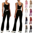 thumbnail image 1 of VBTAPA 2 Piece Workout Sets for Women Cropped Tank Tops V Cross Waist Flare Leggings Pilates Yoga Sports Outfits Navy L, 1 of 8