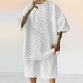 thumbnail image 1 of VBTAPA 2 Pieces Summer Outfits for Men Plaid Jacquard Shirt Set Short Sleeve Crewneck T-shirt and Shorts Matching Sets Basic Solid Casual Tracksuit White M, 1 of 6