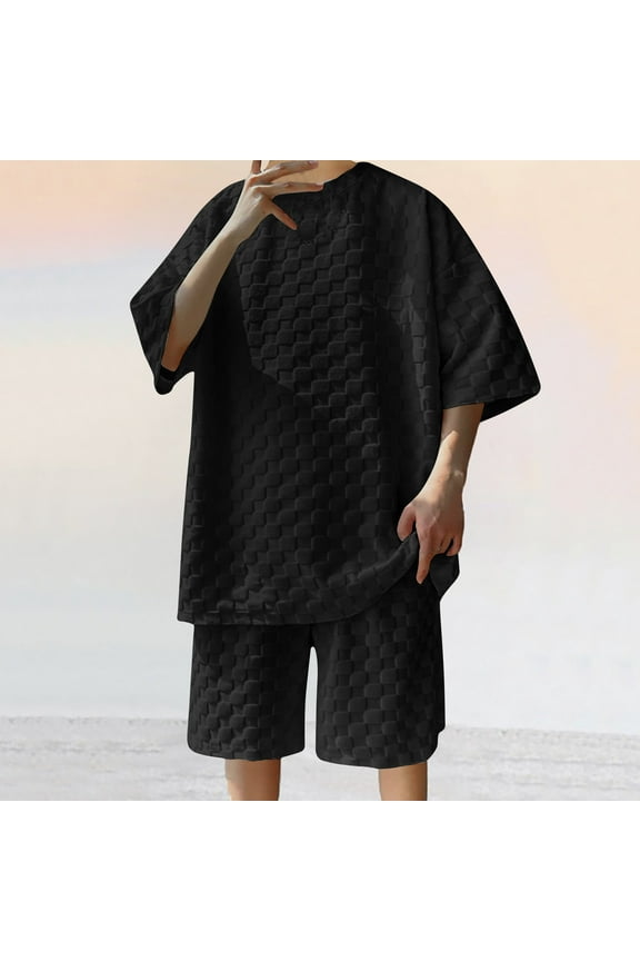 2 Pieces Summer Outfits for Men Plaid Jacquard Shirt Set Short Sleeve Crewneck T-shirt and Shorts Matching Sets Basic Solid Casual Tracksuit Black XXL