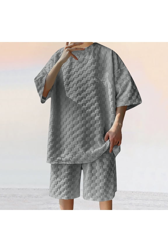 2 Pieces Summer Outfits for Men Plaid Jacquard Shirt Set Short Sleeve Crewneck T-shirt and Shorts Matching Sets Basic Solid Casual Tracksuit Dark Gray XXXL