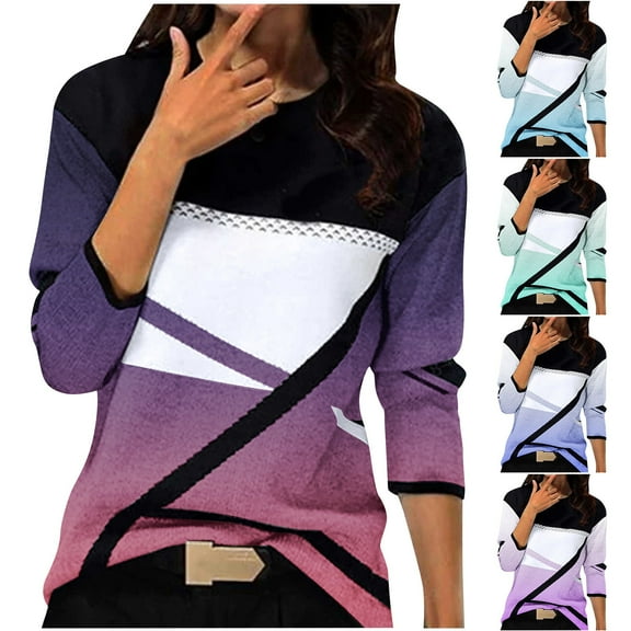 VBTAPA 2026 Fashion Tops for Women Color Block Geometric Print Long Sleeve Crewneck T-shirt Loose Casual Tunics Lightweight Going Out Blouse Blue S
