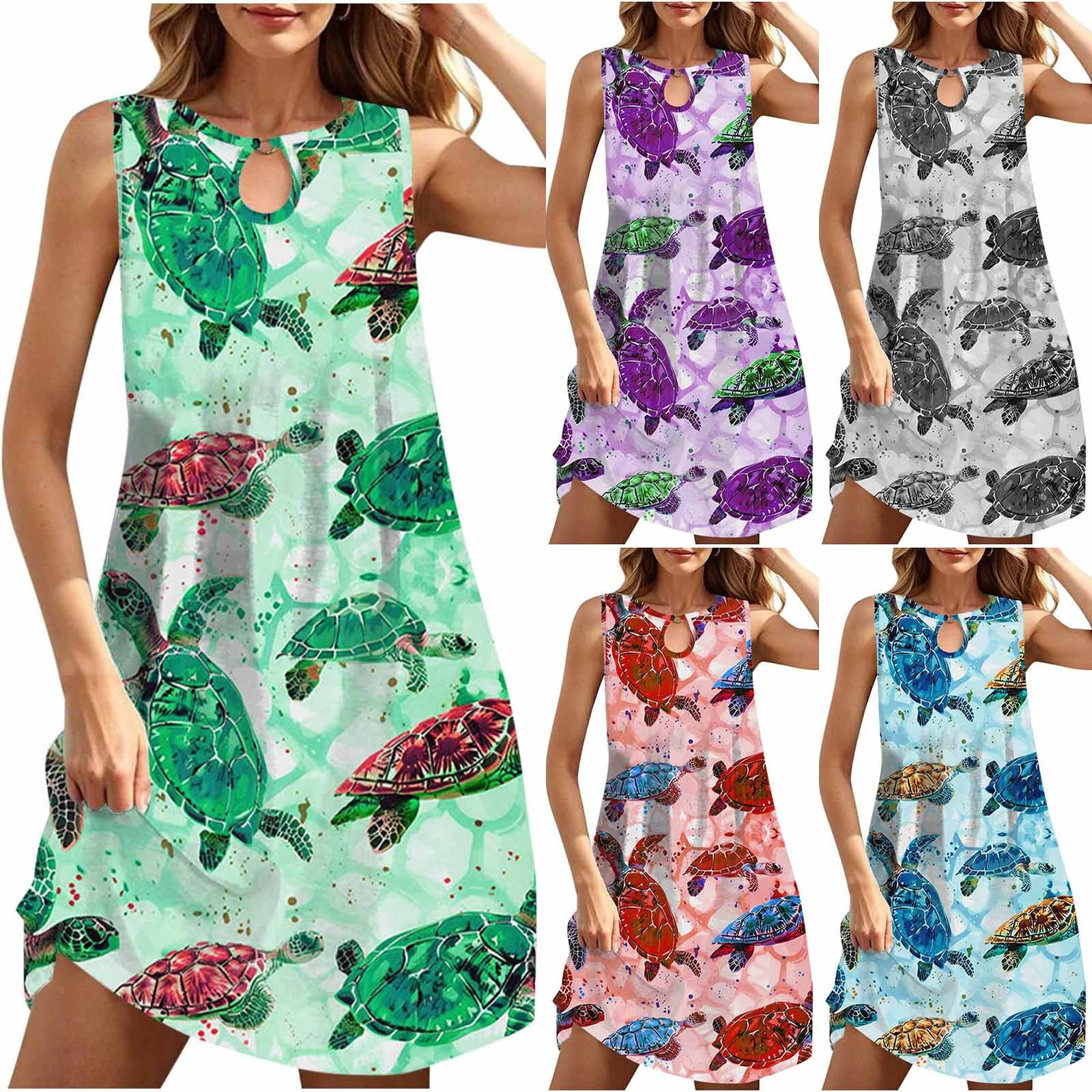 VBTAPA Summer Beach Dress for Women Cute Sea Turtle Print Casual ...