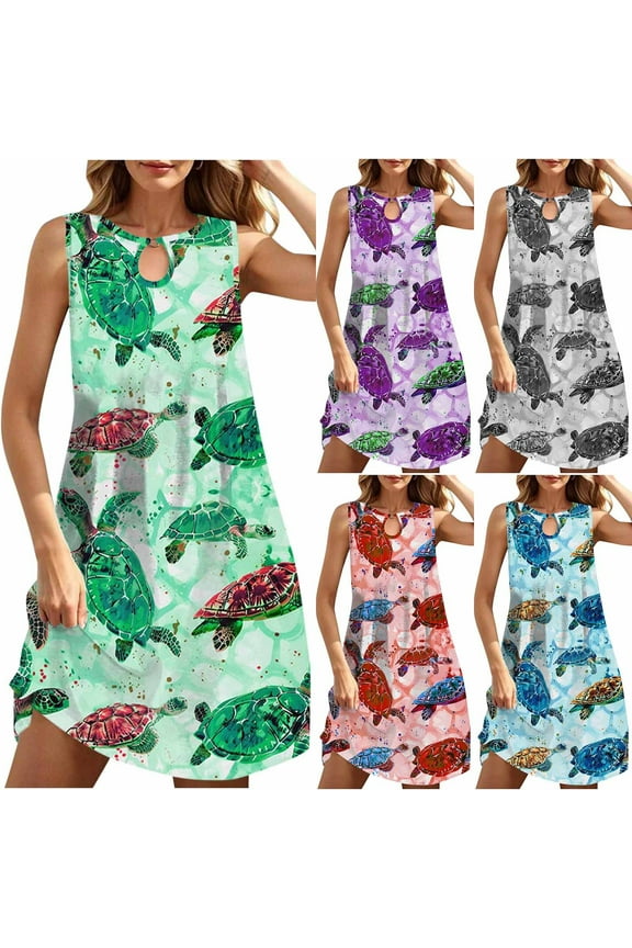 Summer Beach Dress for Women Cute Sea Turtle Print Casual Sundresses Sleeveless Keyhole Midi Dresses Flowy Tunic Dress Green XXXXL