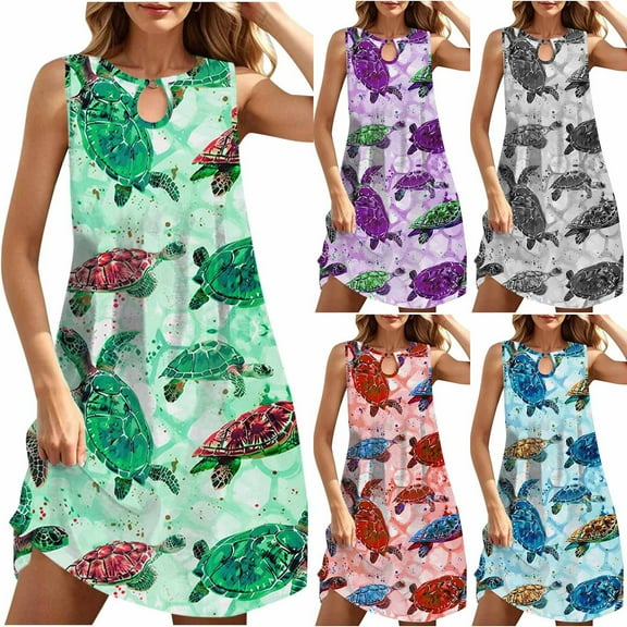 VBTAPA Summer Beach Dress for Women Cute Sea Turtle Print Casual Sundresses Sleeveless Keyhole Midi Dresses Flowy Tunic Dress Green XL