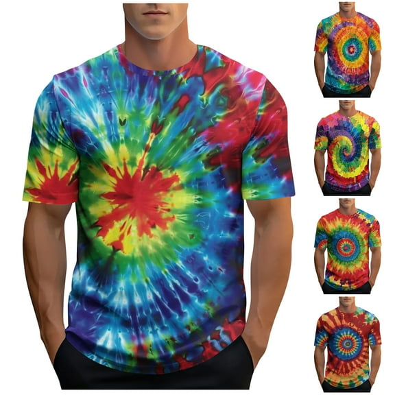 VBTAPA 2025 Summer Fashion T-shirts for Men Tie Dye Print Short Sleeve Round Neck Tees Casual Streetwear Tops Yellow XL