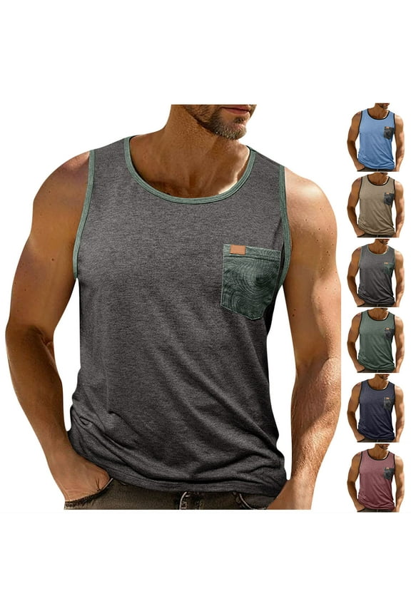 Men's Sleeveless Gym Tank Tops with Pocket Workout Bodybuilding Muscle T Shirts Solid Basic Undershirts Navy XXL